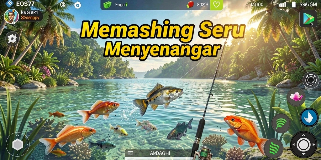 Tampilan gameplay EOS77 yang menarik saat memancing ikan.
