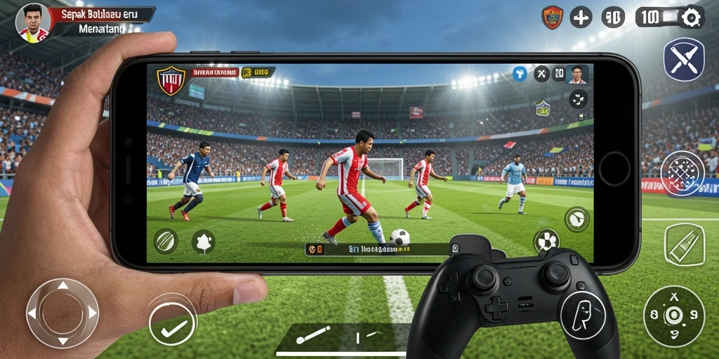 Screenshot gameplay ID098 menampilkan aksi seru di lapangan sepak bola.
