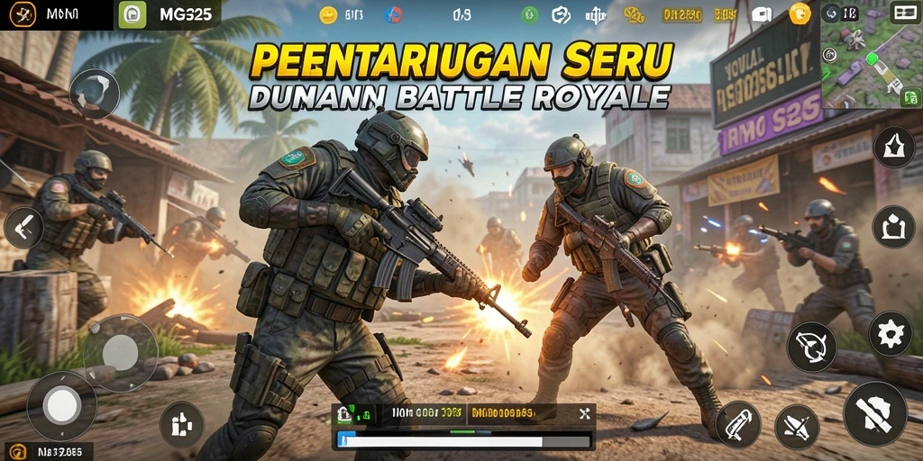 Screenshot utama MG525 menampilkan aksi intens dalam pertempuran Battle Royale.
