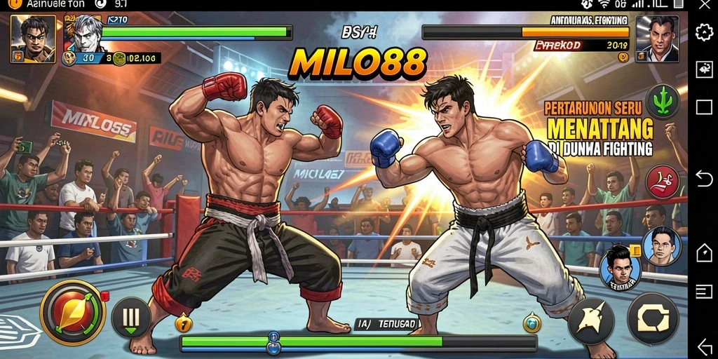 Screenshot utama MILO88 menampilkan pertarungan intens antara karakter-karakter yang kuat.