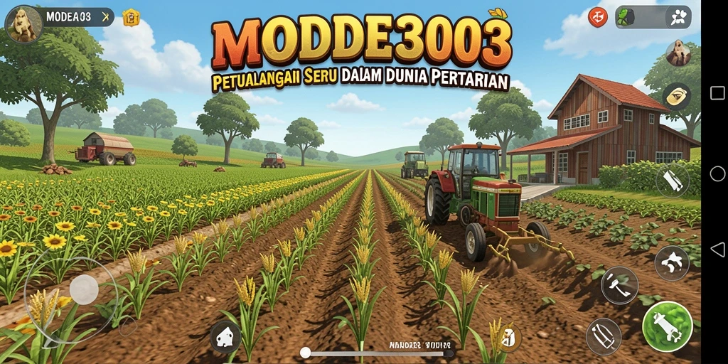 Tampilan gameplay MODE303 dengan ladang subur dan hewan ternak yang lucu.