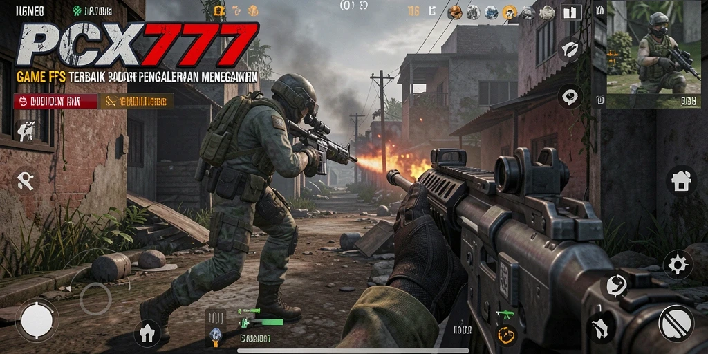 Screenshot menunjukkan aksi seru dalam gameplay FPS PCX777.