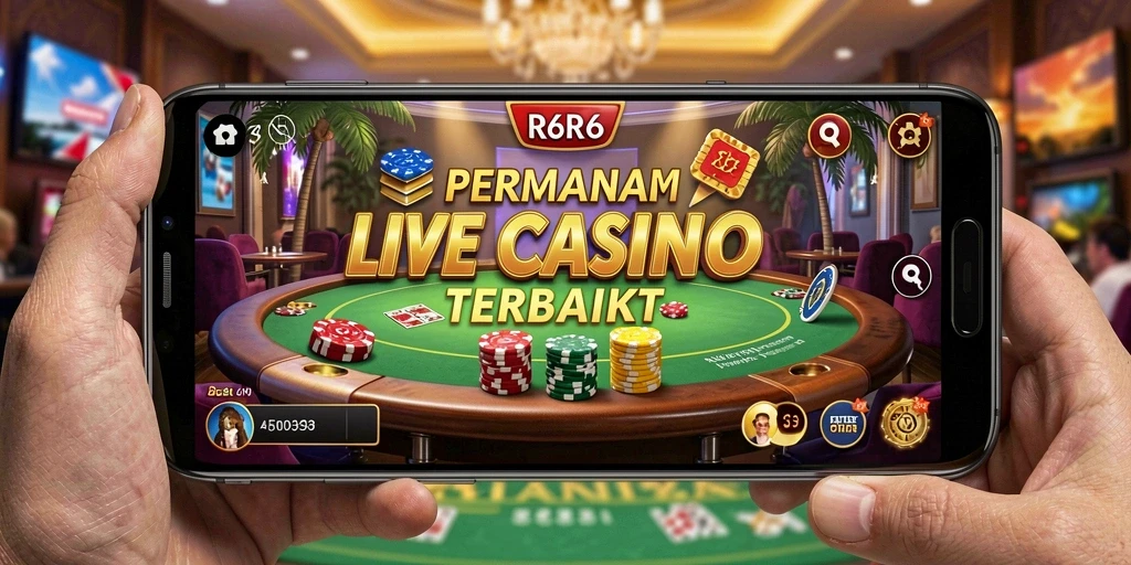 Gameplay R6R6 dengan dealer langsung dan suasana kasino yang realistik.