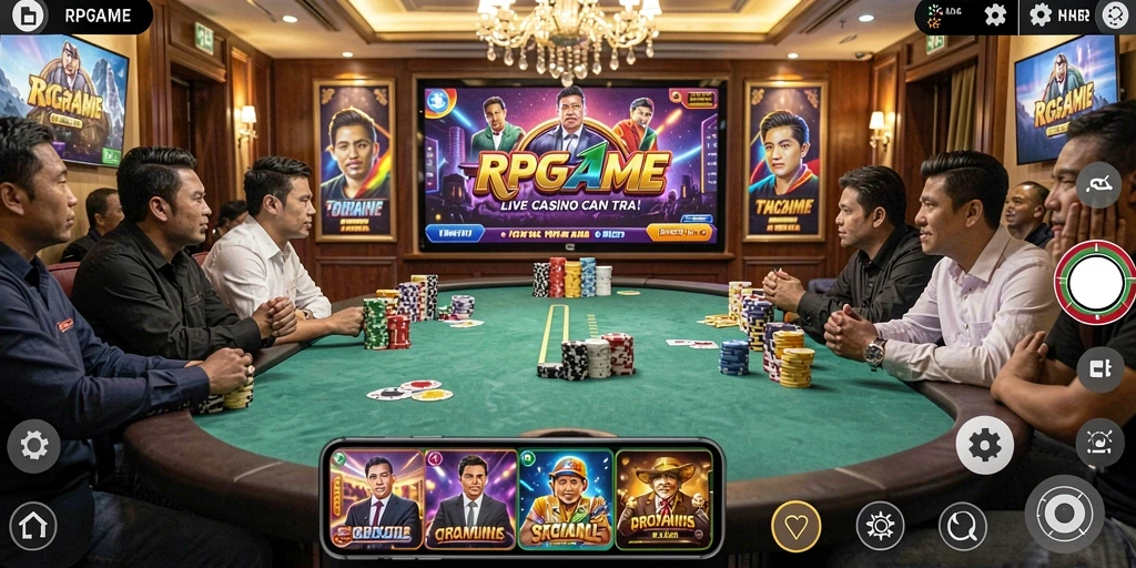 Screenshot utama RPGAME menampilkan dealer langsung dan suasana permainan kasino.