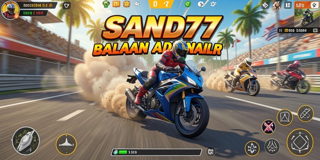Tampilan balapan motor yang intens dengan SAND77 di trek.