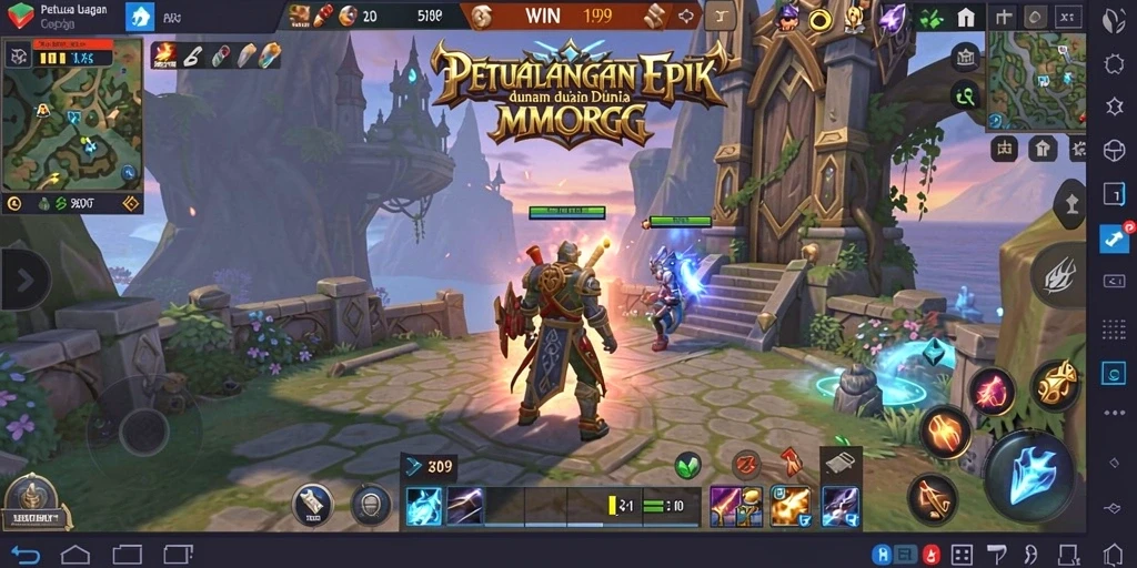 Screenshot gameplay WIN199 menunjukkan pertempuran seru di dunia MMORPG.